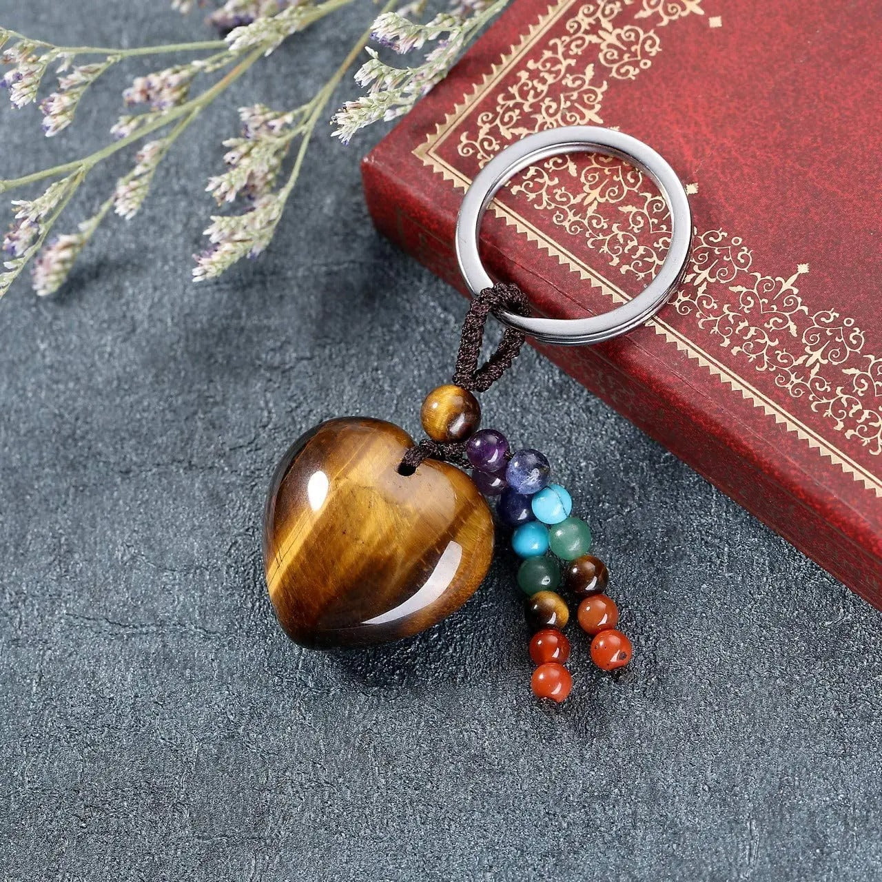 Porte cle coeur pierre naturelle oeil de tigre