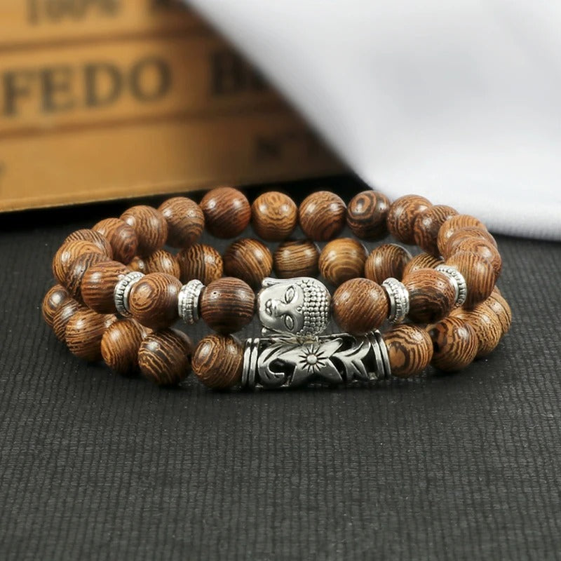 Bracelet perle tete bouddha bois presentation