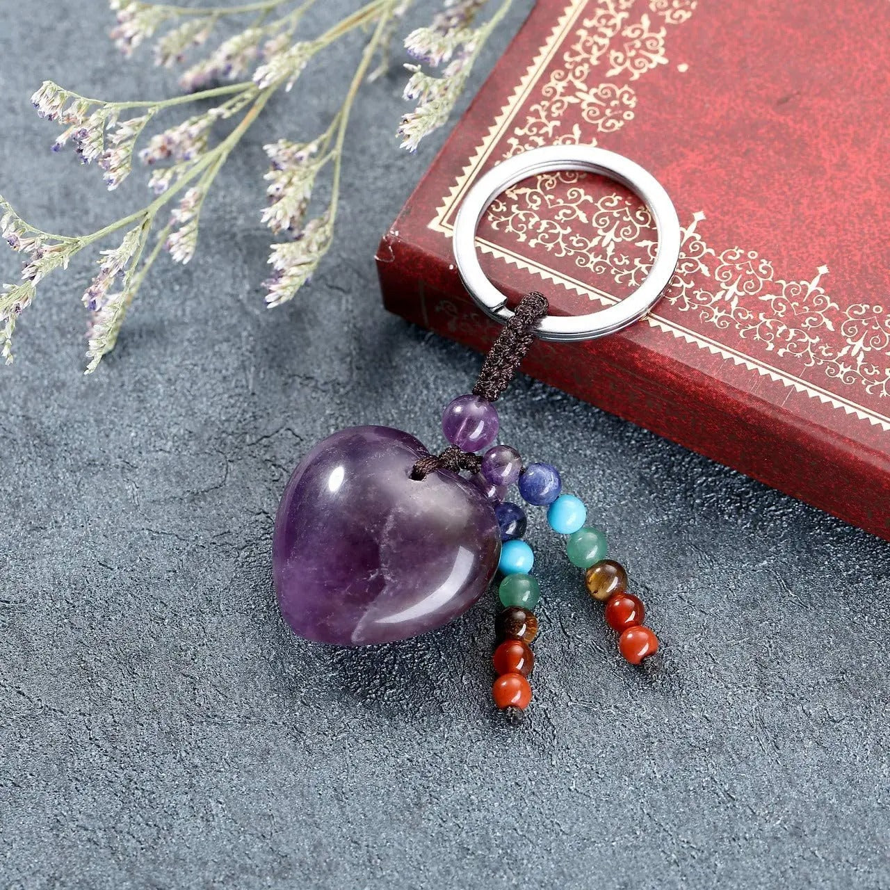 Porte cle coeur pierre naturelle amethyste