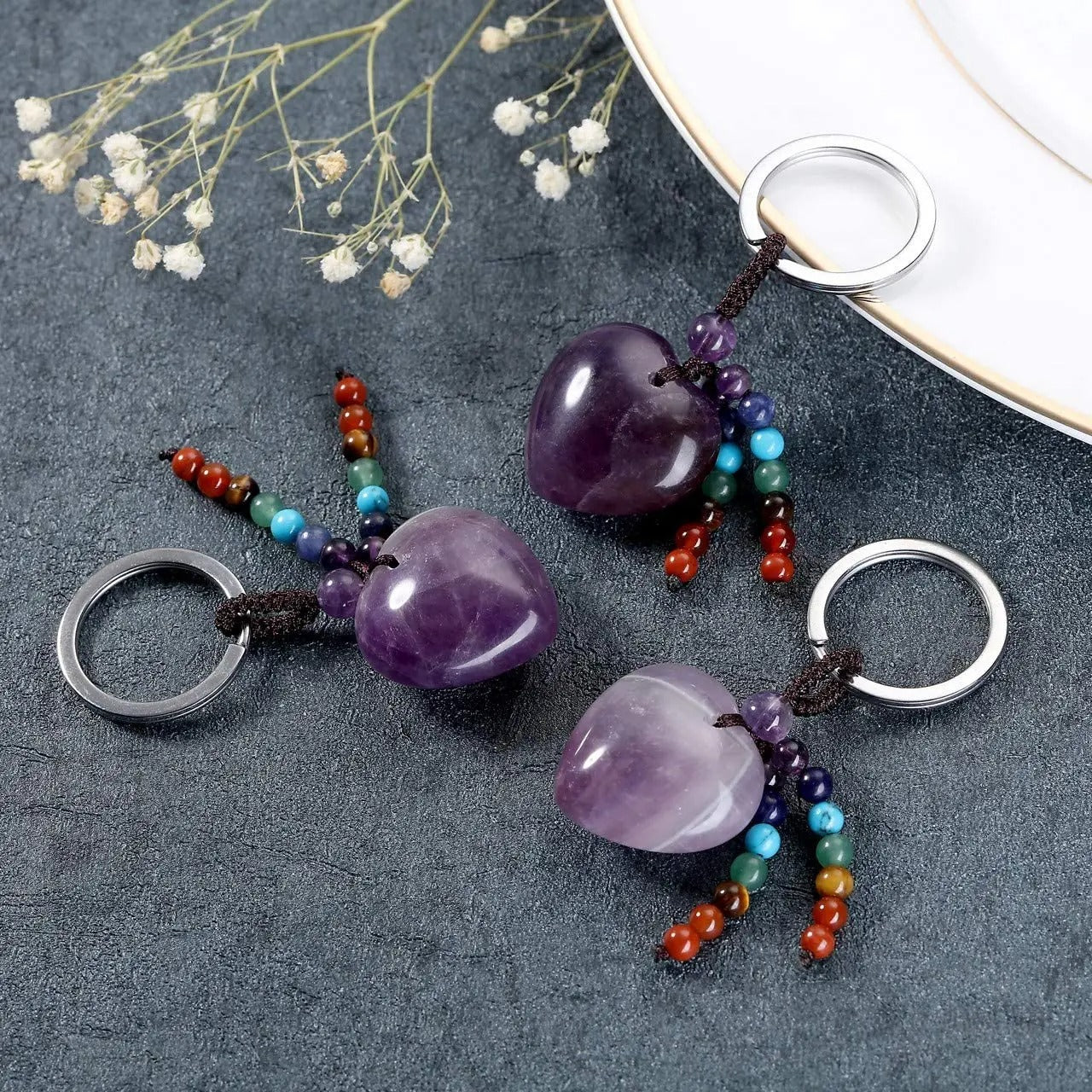 Porte cle coeur pierre naturelle modeles amethyste