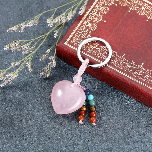 Porte cle coeur pierre naturelle quartz rose